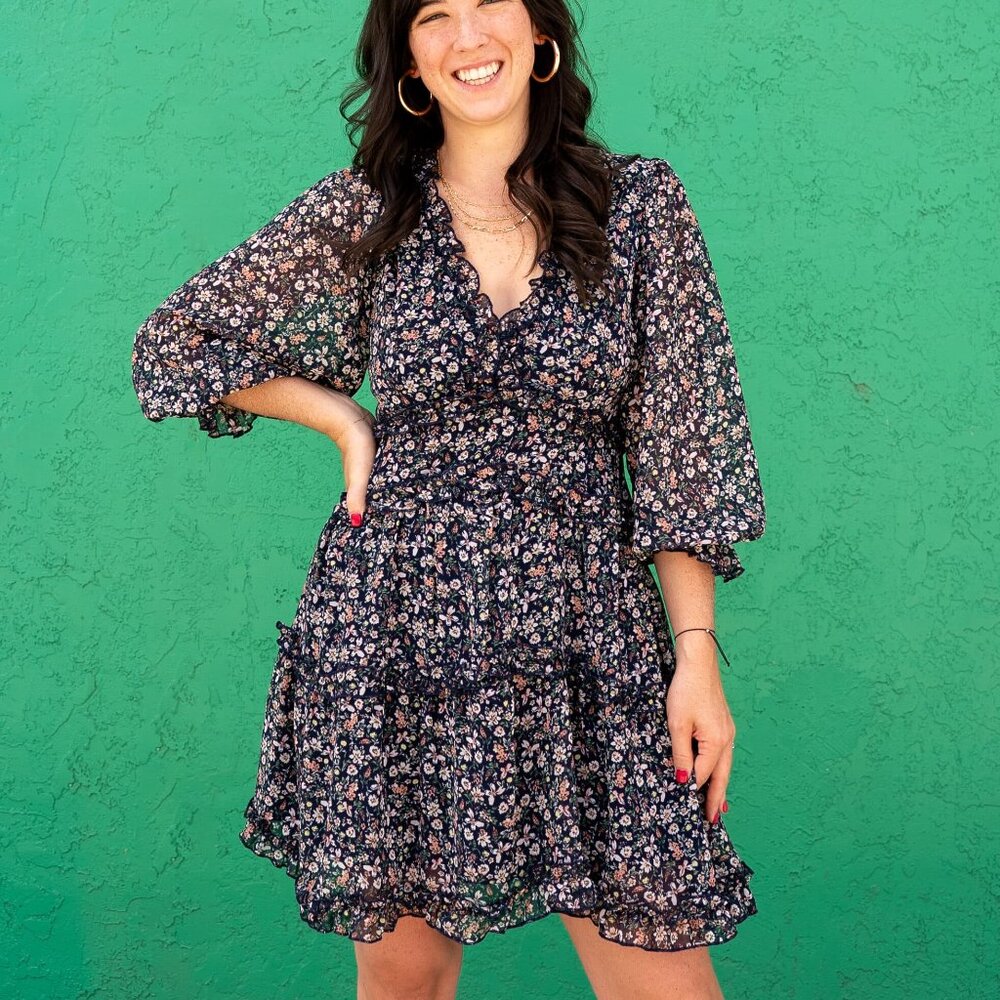 NWT - Apricot Floral Ruffle Tiered Dress in Navy Blue